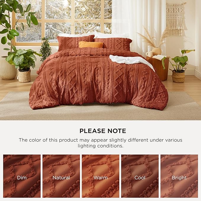 Bedsure Tufted Boho Comforter Set King Size - Terracotta Boho Bed Set, GentleSoft™ 3 Pieces Farmhouse Shabby Chic Embroidery Bedding, Gifts for Woman, Soft Jacquard King Comforter for All Seasons