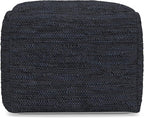 SIMPLIHOME Fredrik Square Pouf - 18 inch Wide Genuine Woven Leather Ottoman in Dark Blue, Boho-Style Footstool or Extra Seating for Living Room or Bedroom with Polystyrene Bead Filling, Assembled