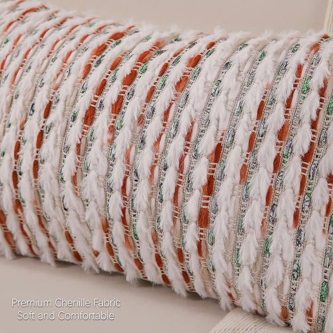 Boho Lumbar Pillow Cover 12x20 Inch Pack of 1 Farmhouse Rectangle Decorative Couch Throw Pillow Cover Brown Green Chenille Tufted Striped Pillowcase for Living Room Sofa Bed