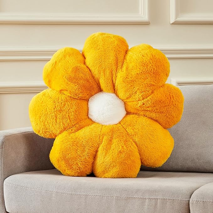Large 21.6" Yellow Flower Pillow Floor & Office Chair Cushion – Faux Rabbit Fur Plush Decorative Pillow, Comfortable Gift for Girls Adults