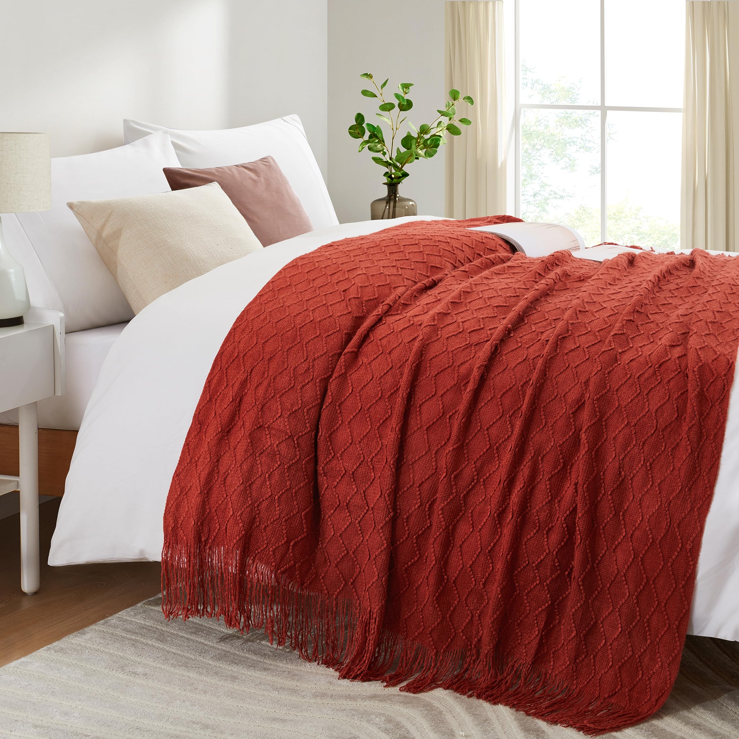 Acrylic Knitted Throw Blanket, Lightweight and Soft Cozy Decorative Woven Blanket with Tassels for Couch, Bed, Sofa, Travel, Suitable for All Seasons, 50 x 60 Inches, Rust - color: Rust
