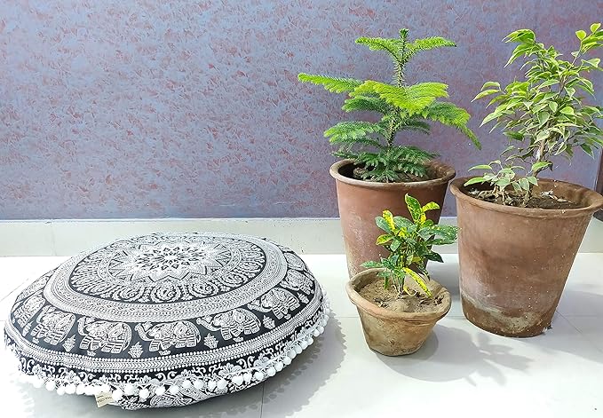 24" Black white Elephant Flower Mandala Barmeri Large Floor Pillow Cover Cushion Meditation Seating Ottoman Throw Cover Hippie Decorative Zipped Bohemian Pouf Ottoman Pom Pom Cases 24 " round