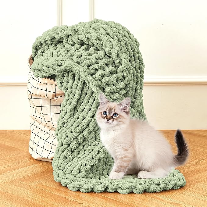 Admitrack Chunky Knit Blanket Throw, 100% Hand Knit Chenille Throw Blanket for Sofa & Home Decor, Soft and Cozy Knitted Throw Blankets (Sage Green, 60"x80")
