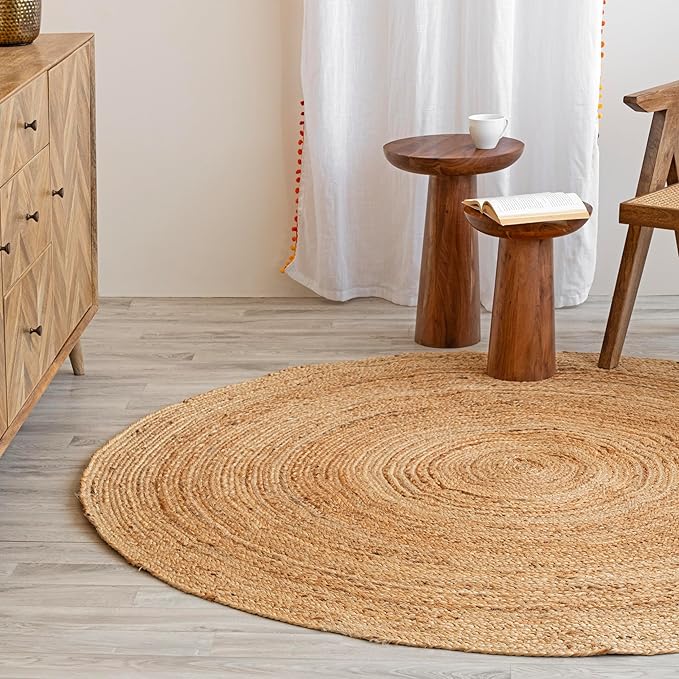 HOMEMONDE Handwoven Jute Area Rug - 4 feet Round Natural Yarn Loom Braided Rug - Eco-Friendly Boho Farmhouse Reversible Design for Bedroom, Living Room, and Kitchen (Natural)