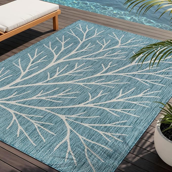 Washable Indoor Outdoor Rug 10x14 Modern Area Rugs Branch Pattern Non Shedding Waterproof Easy Clean Patio Deck Porch Living Room Bedroom Garden RV (10 X 14 Aqua)