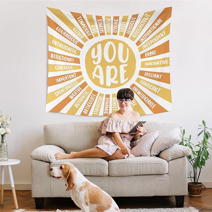 WARDOS Boho Sunshine Tapestry, You Are Inspirational Tapestry Wall Hanging, Colorful Boho Sun Positive Affirmation Wall Blanket Decor for Kids Room Nursery Playroom Classroom, 50x60 Inch (yellow)