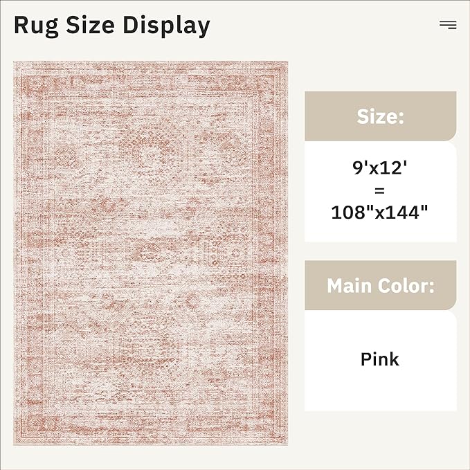 9x12 Area Rugs for Living Room, Non Slip Machine Washable Vintage Rugs, Low Pile Lightweight Large Rug for Bedroom, Dining Room, Home Office Pink