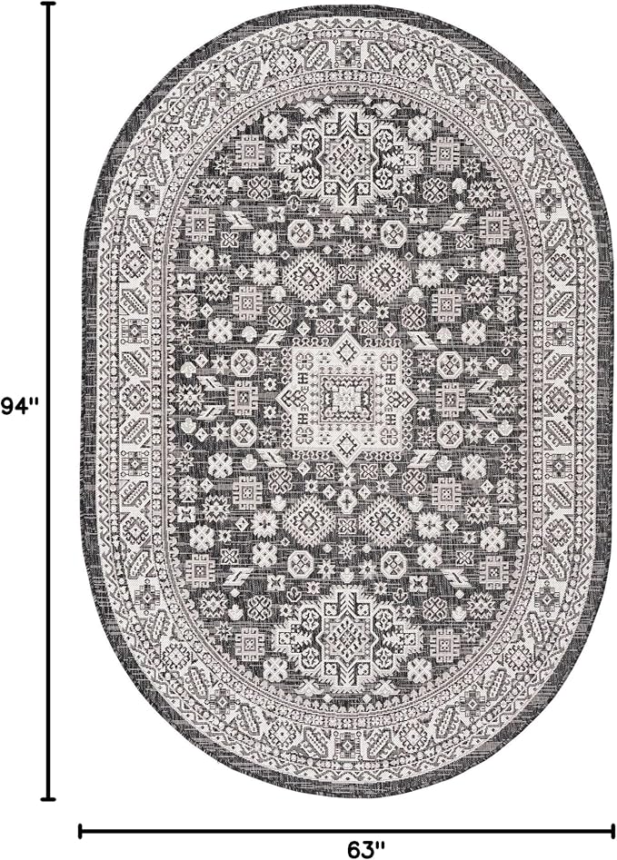 Rugs.com Outdoor Aztec Collection Rug – 5' x 8' Oval Charcoal Gray Flatweave Rug Perfect for Living Rooms, Large Dining Rooms, Open Floorplans