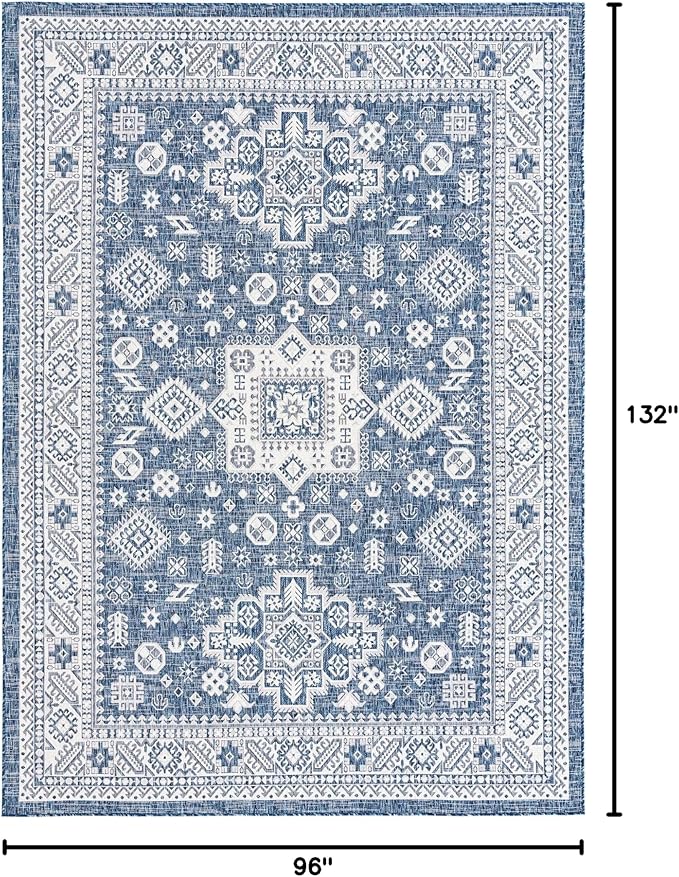 Rugs.com Outdoor Aztec Collection Rug – 8' x 11' Blue Flatweave Rug Perfect for Living Rooms, Large Dining Rooms, Open Floorplans