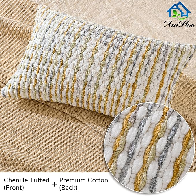 AmHoo Set of 2 Boho Chenille Pillow Cover Decorative Tufted Pillowcase for Couch Bed Sofa Bedroom Living Room Modern 12 x 20-Inch Grey