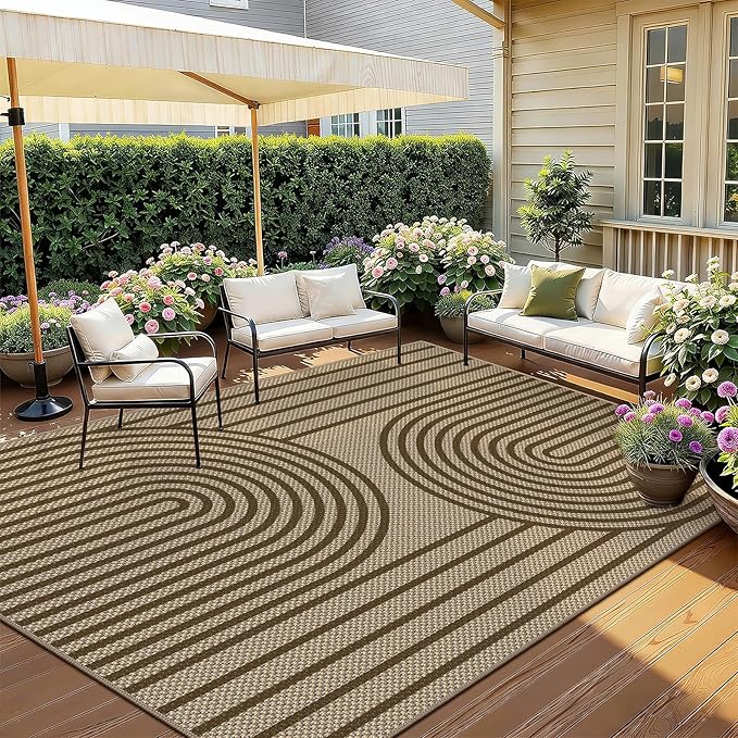 Outdoor Rug 5x7 Rugs for Living Room Washable Non-Slip Easy Jute Rug Indoor Outdoor Low Pile Ultra-Thin Area Rug Brown Rainbow Carpet for Dining Room Bedroom Patio Office Dorm Nursery Floor Mats