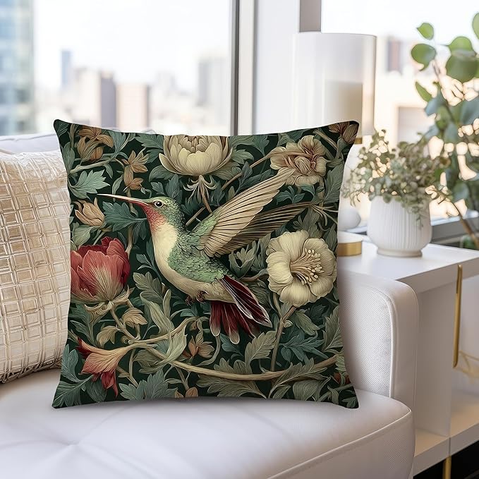 Vintage William Morris Green Hummingbird Pillow Cover 18x18,Rustic Green Hummingbird Bird Animal Floral Botanical Print Decorative Throw Pillow Covers for Home Bedroom Living Room