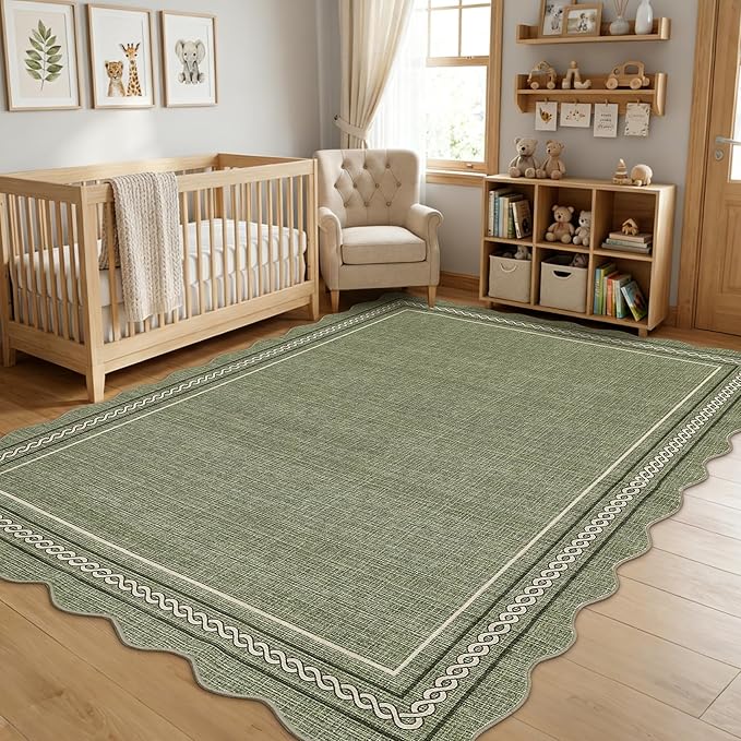 GarveeHome Washable Area Rugs 6x9 Scalloped Green Rug Non Slip Living Room Rug Soft Rugs for Bedroom Low Pile Stain Resistant Carpet for Nursery Dining Room Playroom, Green