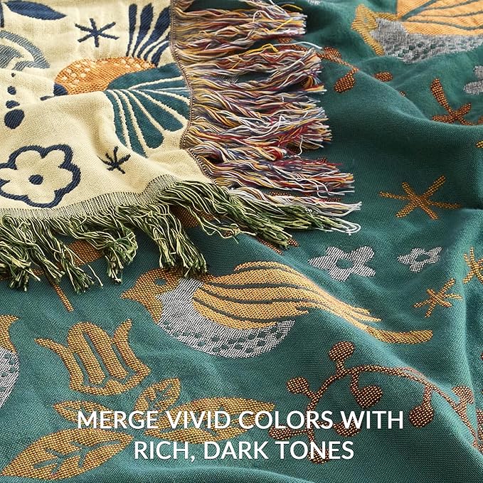 Boho Throw Blanket for Couch Sofa Bed, 100% Cotton Woven Quilt with Tassel 90”x98”, Super Soft Muslin Blanket with Bird Printed, Decorative Reversible Bed Blanket/Cover for All Seasons