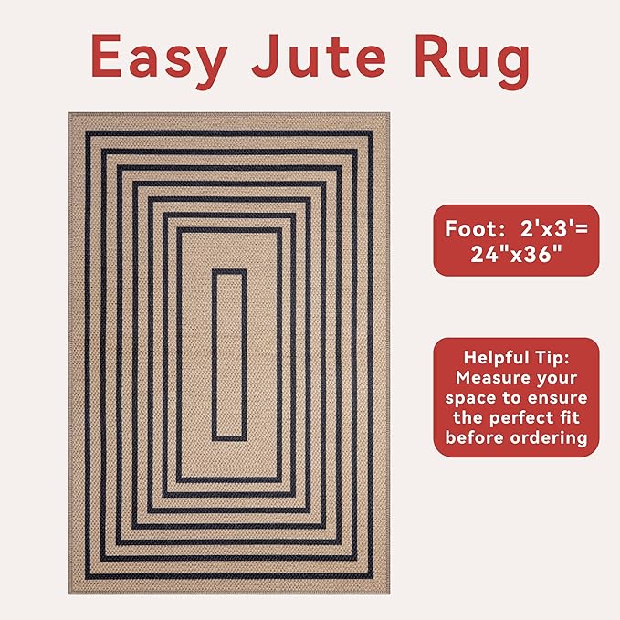 Tangsoo Geometric Easy Jute Rug 2x3 Washable Rug,Small Area Rug for Entryway,Non-Slip Black Thin Indoor Outdoor Door Mat Modern Farmhouse Carpet for Entrance Kitchen Bedroom Front Porch
