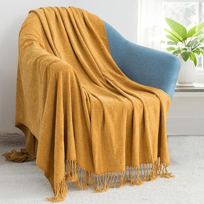 Chenille Throw Blanket for Couch with Tassels,60"X80" Soft Lightweight Knitted Boho Decorative Blankets for Bed and Sofa,Mustard Yellow