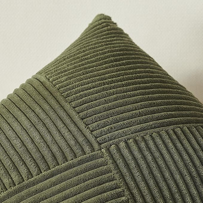 Topfinel Set of 2 Olive Green Decorative Throw Pillow Covers 20x20 Inches for Couch Bed Sofa, Boho Aesthetic Home Decor, Soft Corduroy Striped Patchwork Windmill Textured Cushion Cases 50x50 cm