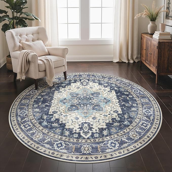 GENIMO 5FT Round Area Rugs for Living Room, Circle Rugs Machine Washable Low Pile, Chenille Non Slip Vintage Rug for Bedroom, Dining Room, Home Office, Charcoal Brown