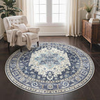 GENIMO 5FT Round Area Rugs for Living Room, Circle Rugs Machine Washable Low Pile, Chenille Non Slip Vintage Rug for Bedroom, Dining Room, Home Office, Charcoal Brown
