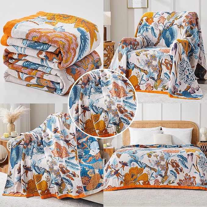 Boho Blanket Soft Muslin BohoThrow Blanket, 100% Cotton Floral Printed Farmhouse Decor All Season Reversible Rustic Throw for Sofa Couch Chair (Beige, 90"x98")