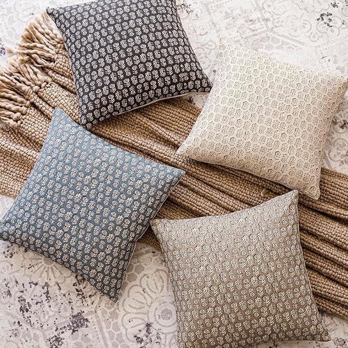 Foindtower Set of 2 Decorative Neutral Floral Print Throw Pillow Covers Vintage Accent Farmhouse Cushion Covers Boho Home Decor for Sofa Couch Chair Bedroom Living Room,22×22 Inch,Dusty Blue