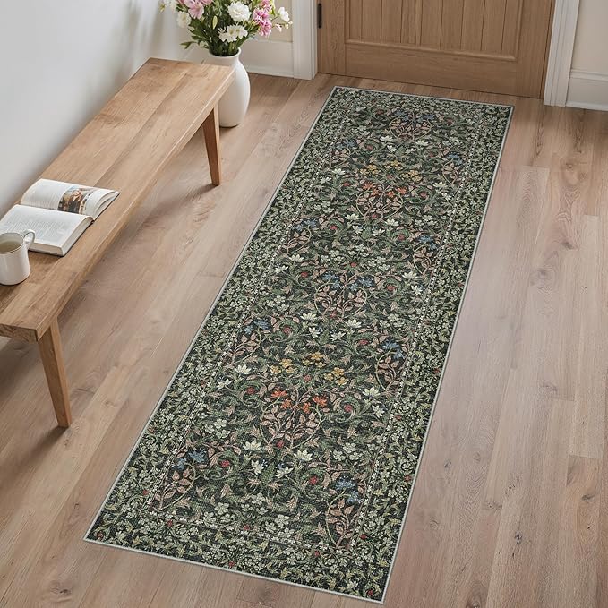 GENIMO Washable Floral Runner Rug 2x7, Non-Slip Long Hallway Carpet for Entryway, Kitchen, Indoor Floor Use, Vintage Boho Soft Thin Rug Décor, Emerald Green