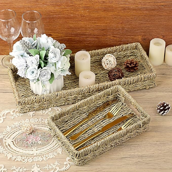 Bathroom Vanity Tray, Seagrass Narrow Counter Tray with Handles, Decorative Woven Organizer Trays for Toilet Tank, Shelves, Farmhouse Hand Towels Basket Holder for Storage, Natural (Small)