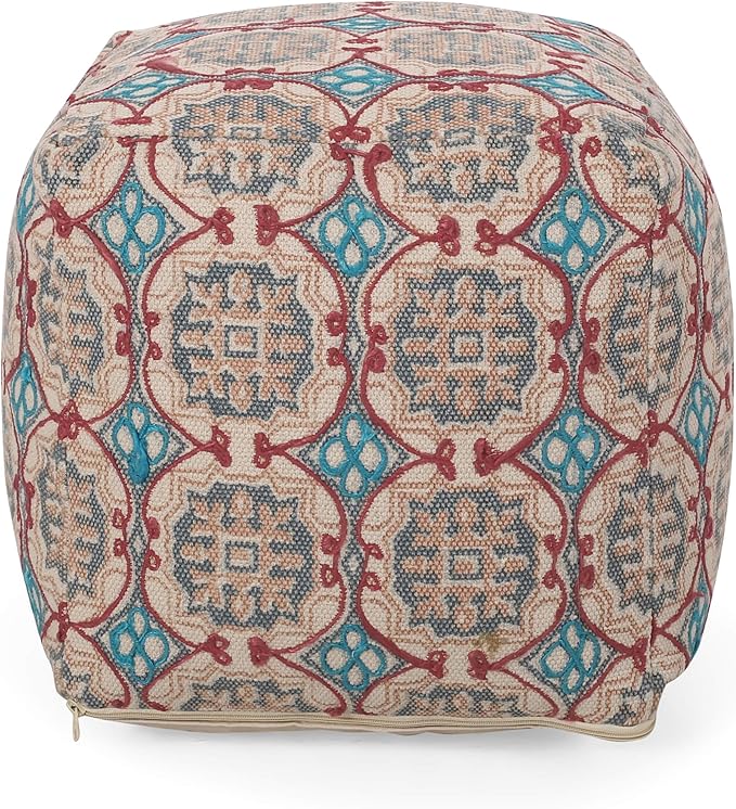 GDFStudio Boho Handmade Fabric Cube Pouf Ottoman Foot Stool - Bean Bag Floor Chair - Foot Rest Couch for Living Room Bedroom,Multicolored,16"" x 16"" x 16"", 313834N