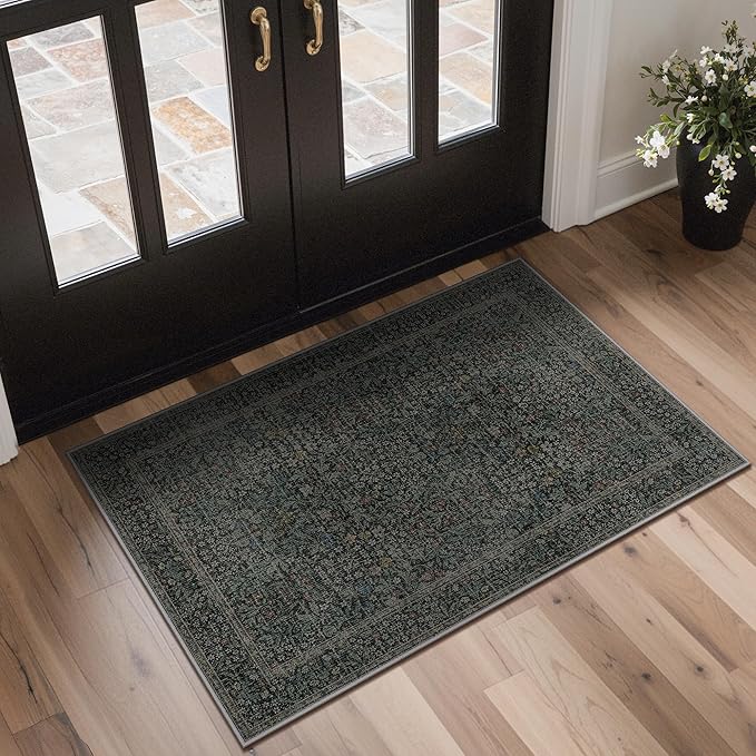 GENIMO 2x3 Indoor Doormat, Washable Non-Slip Vintage Floral Low Pile Door Mat for Entryway Front Door Kitchen Bathroom, Stain Resistant Small Throw Rug Runner (Charcoal Green)
