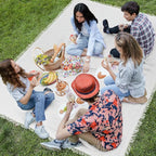 91x 71 in Extra Large Outdoor Picnic Blanket with Waterproof Mat Oversize Beach Woven Cotton Yarn Blanket with Fringe Machine Sandproof for Spring Summer Camping Beach Park(Boho,White)