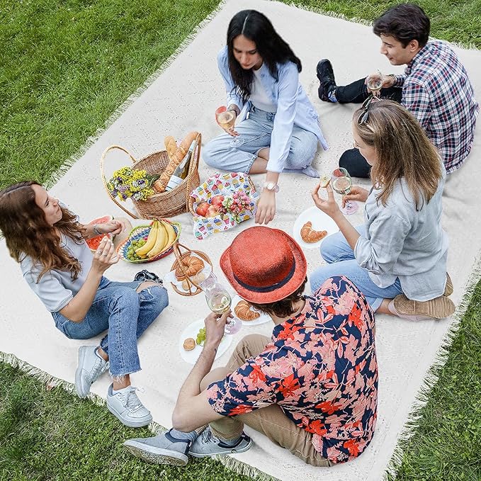 91x 71 in Extra Large Outdoor Picnic Blanket with Waterproof Mat Oversize Beach Woven Cotton Yarn Blanket with Fringe Machine Sandproof for Spring Summer Camping Beach Park(Boho,White)