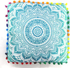 CRAFT KALA Green Ombre Large Hippie Mandala Meditation Floor Ottoman Pillow Cushion Pouf Cover Square Poufs Bohemian Circle Floor Cushion Case Outdoor Fireplace Yoga Living Room Decor Cover 18" Square