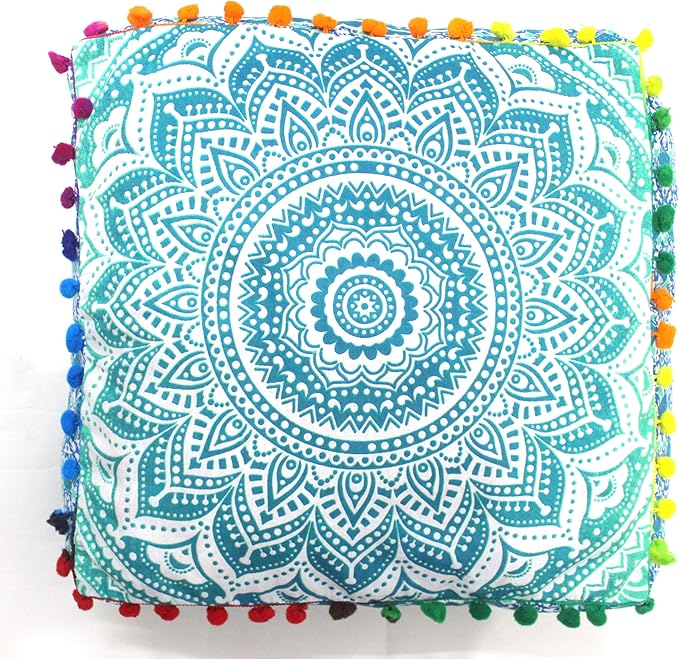 CRAFT KALA Green Ombre Large Hippie Mandala Meditation Floor Ottoman Pillow Cushion Pouf Cover Square Poufs Bohemian Circle Floor Cushion Case Outdoor Fireplace Yoga Living Room Decor Cover 16" Square