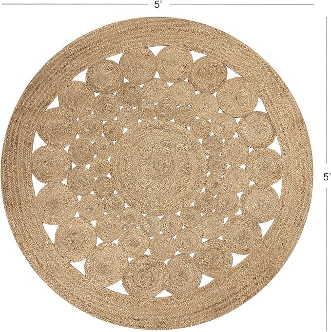 · REDEARTH · Round Area Rug - 5 Feet Braided Scalloped Abaca Embrace Natural Jute Rug- Artisan Made Boho Jute Patterned Rugs for Bedroom, Kitchen, Living Room, Farmhouse, Handmade Vintage Décor