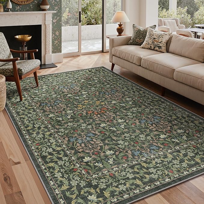 GENIMO Washable 4x6 Area Rug, Vintage Boho Floral Carpet, Soft Low-Pile Non-Slip Thin Rug for Living Room, Bedroom, Dining Room, Nursery, Emerald Green
