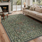 GENIMO Washable 4x6 Area Rug, Vintage Boho Floral Carpet, Soft Low-Pile Non-Slip Thin Rug for Living Room, Bedroom, Dining Room, Nursery, Emerald Green