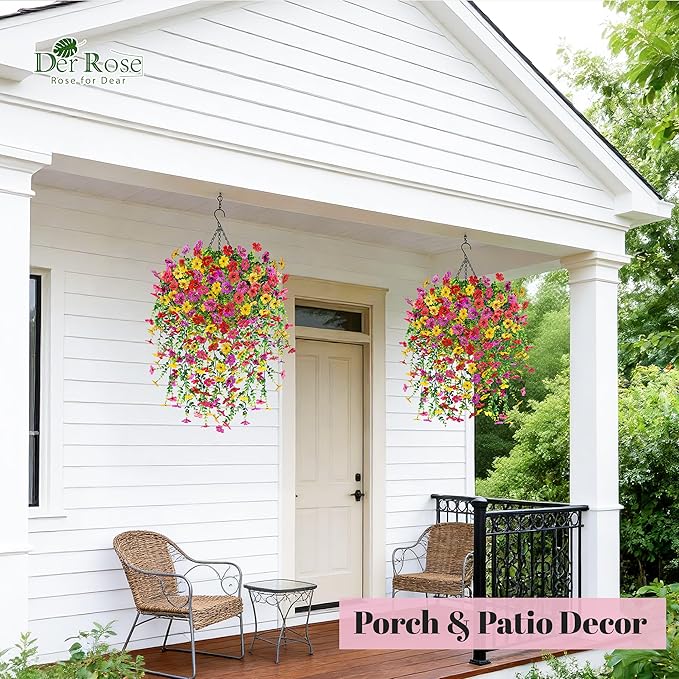 Der Rose Artificial Hanging Flower Basket for Outdoors Fake Hanging Flowers Plants with 4 Faux Silk Trailing Vines for Porch Patio Balcony Spring Decor