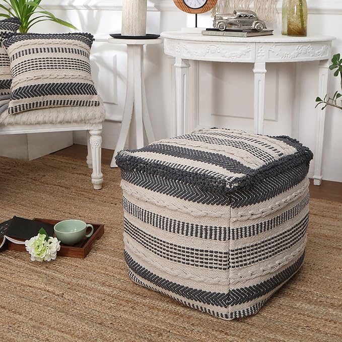 REDEARTH · UNSTUFFED Pouf Ottoman Cover Textured Cube Bean Bag Poof Pouffe Footrest for Living Room, Bedroom, Patio, Gym; 100% Cotton (18"X18"X18", Precis Descant Gray)