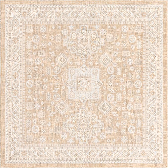 Rugs.com Outdoor Aztec Collection Rug – 8 Ft Square Natural Flatweave Rug Perfect for Living Rooms, Kitchens, Entryways