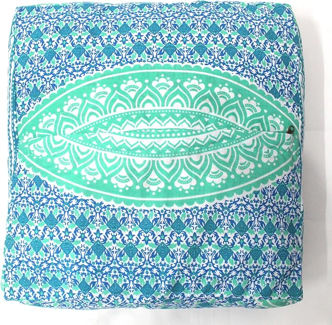 CRAFT KALA Green Ombre Large Hippie Mandala Meditation Floor Ottoman Pillow Cushion Pouf Cover Square Poufs Bohemian Circle Floor Cushion Case Outdoor Fireplace Yoga Living Room Decor Cover 16" Square