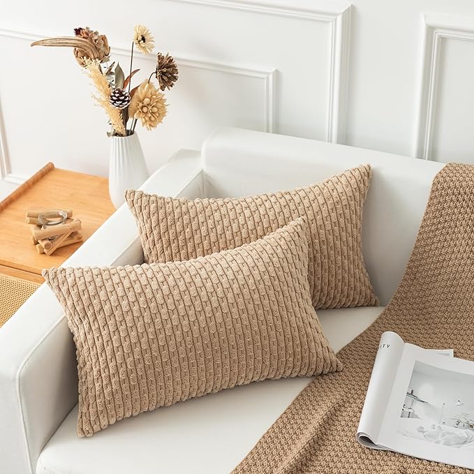 Kevin Textile 14x24 Inch Pillow Cover 1 Pack Boho Decorative Soft Striped Corduroy Lumbar Farmhouse Solid Color Accent Rectangle Cushion Case for Living Room Couch Sofa Bed, Tan