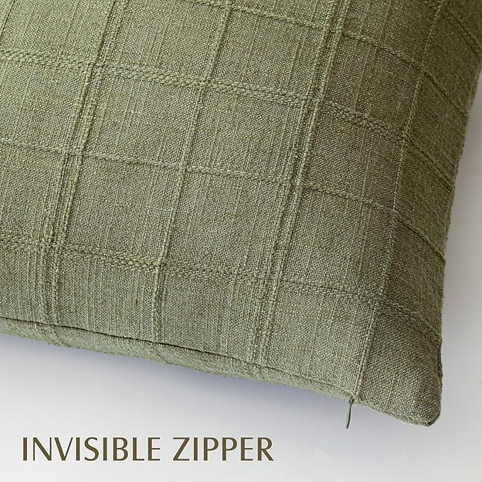Foindtower Set of 2 Decorative Linen Check Throw Pillow Covers Neutral Farmhouse Vintage Cushion Covers Modern Boho Home Decor for Sofa Chair Couch Bedroom Living Room,24×24 Inch,Sage Green