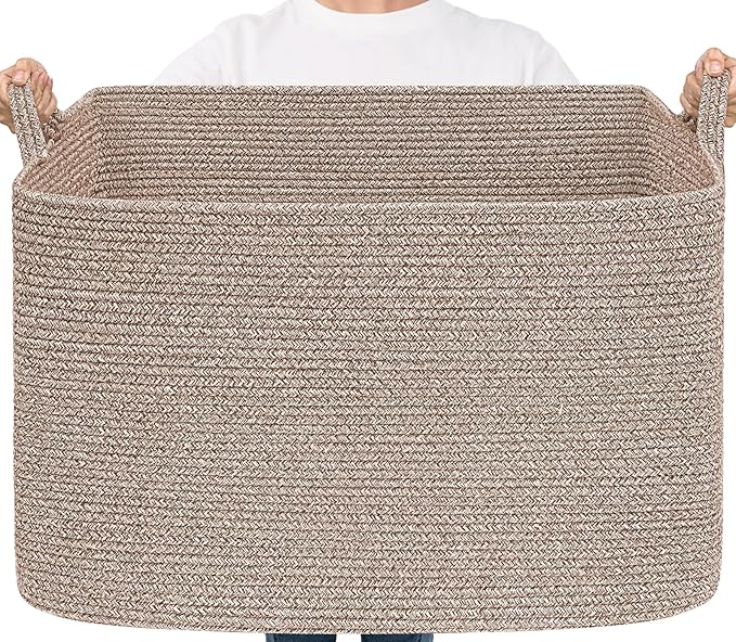 Goodpick 105L Large Woven Storage Basket, Rectangle Cotton Rope Basket for Blankets, Clothes, Oversized Toy Storage Organizer for Living Room, Nursery, 25"x16"x16", Brown