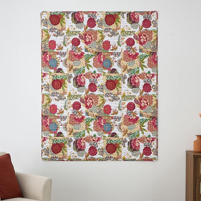 Greenland Home Jewel - Classic Boho Floral - 100% Cotton Kantha Quilted Throw Blanket, 50 x 60 inches, White