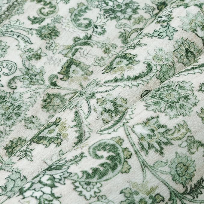 HUGEAR Green Area Rug 6x9 Machine Washable Living Room Rugs Distressed Neutral Vintage Floral Low Pile Carpet Bedroom Office Dining Room Laundry Room Non Slip Soft Lightweight