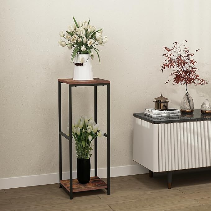CASIMR Plant Stand for Indoor, Tall Metal Shelf with Square Wooden Board, 2 Tier Display Rack for Multiple Plants, 32 Inch Tiered Flower Pot Holder for Corner Living Room Balcony Garden Patio