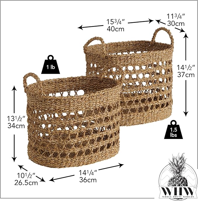 WHW Whole House Worlds Made by Nature Seagrass Baskets, Set of 2 Ovals, Handwoven Open Weave, Handles, 15.75 and 14.25 Inches