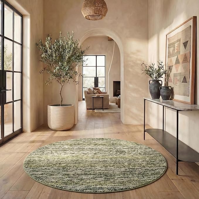 SAFAVIEH Natura Collection Area Rug - 6' Round, Green & Ivory, Handmade Wool Blend, Textured Design, Ideal for Living Room, Bedroom, Dining Space (NAT425Y)