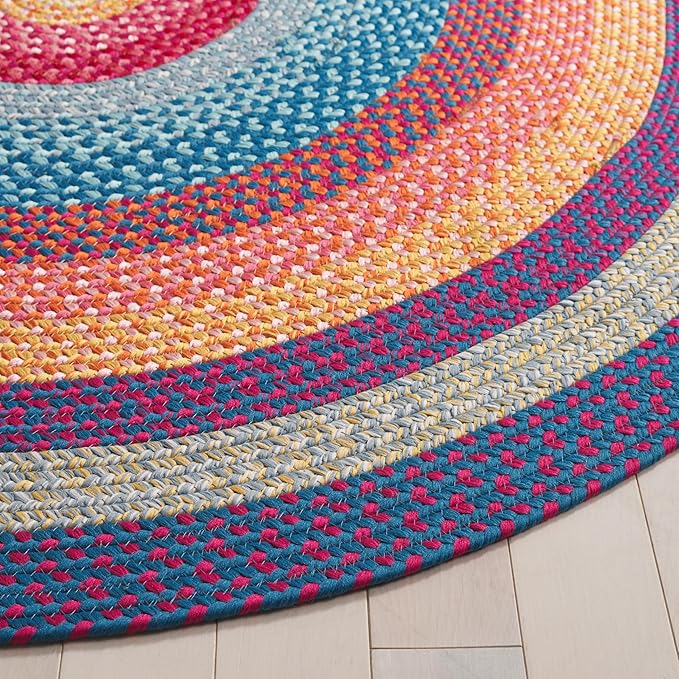 SAFAVIEH Washable Rug Outdoor Braided Collection - 5' Round, Red & Orange, Handmade & Reversible, Non-Shedding & Easy to Clean, Ideal for Patio, Backyard, Mudroom (BRD308Q)
