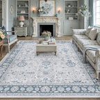 8x10 Area Rug Blue Washable Vintage Carpet Living Room Bedroom Large Non Slip Stain Soft Resistant Low Pile Thin Boho Accent Indoor Throw Rug for Dining Room Office
